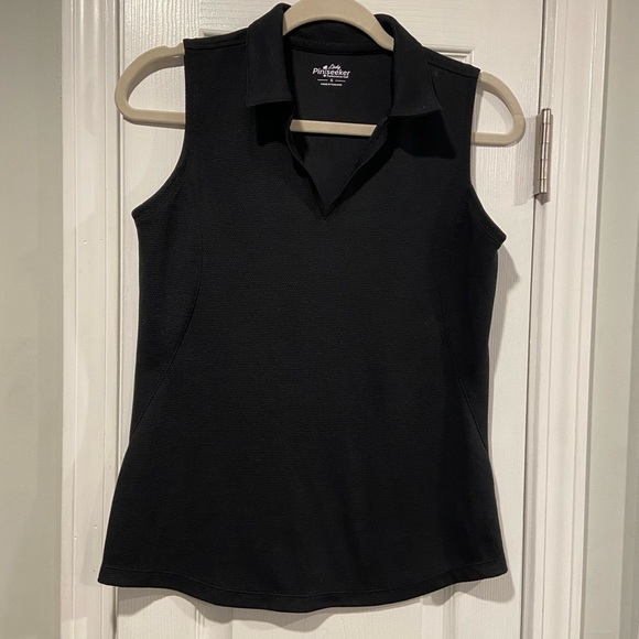 Lady Pinseeker Size S Black Sleeveless Collared V Neck Golf Shirt Activewear - Picture 1 of 10